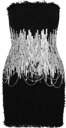 Embellished Strapless Tweed Mini Dress - Black