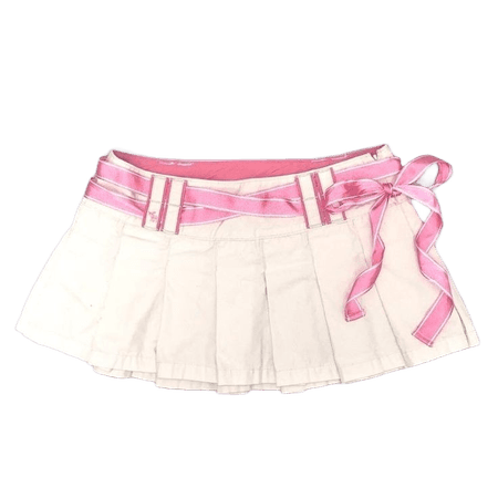 white pleated skirt with pink ribbon