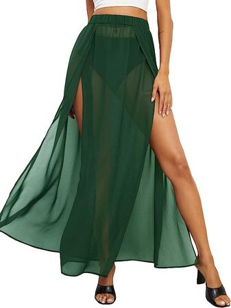 Romwe Women's Sheer Mesh High Waist Split Thigh Beach Cover Up Long Skirt at Amazon Women’s Clothing store