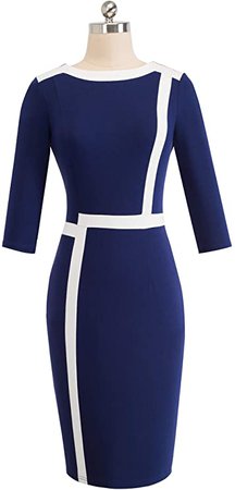 HOMEYEE Women's 3/4 Sleeve Colorblock Professional Business Church Dress B474(6, Dark Blue) at Amazon Women’s Clothing store