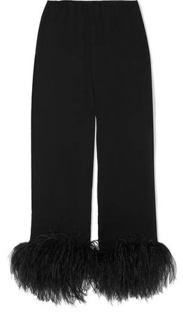 prada Feather-trimmed Crinkled Silk-chiffon Straight-leg Pants - Black