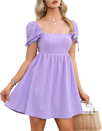 EXLURA Womens Summer Dress Square Neck Backless High Waist Tie Back Short Puff Sleeve Babydoll Mini Dress Sundress Purple at Amazon Women’s Clothing store