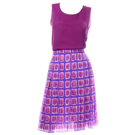 2001 Chanel CC Logo Monogram Purple and Raspberry Pink Silk Skirt W Sleeveless Top For Sale at 1stDibs