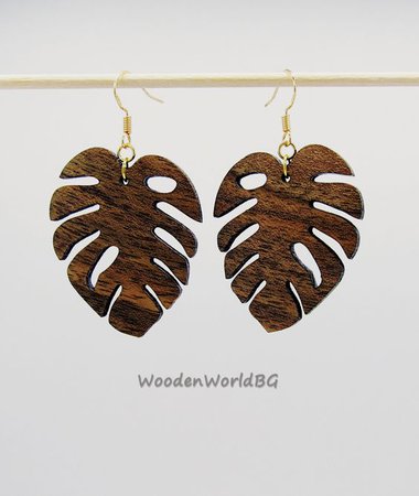 wood jewelry earring monstera leaf