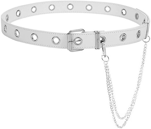 Double Grommet Belt 70S Punk Style Double Prong PU Leather Studded Belts for Jeans by SANSTHS, White S at Amazon Women’s Clothing store