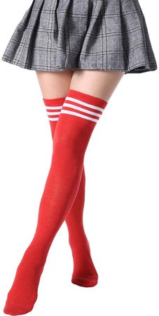 Women's Casual Athlete Striped Over Knee Thin Thigh High Tights Long Stocking Socks (Black-Red Stripe) at Amazon Women’s Clothing store