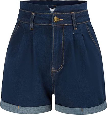 Women's High Waisted Denim Shorts Juniors Folded Hem Vintage Jeans Shorts Dark Blue S at Amazon Women’s Clothing store