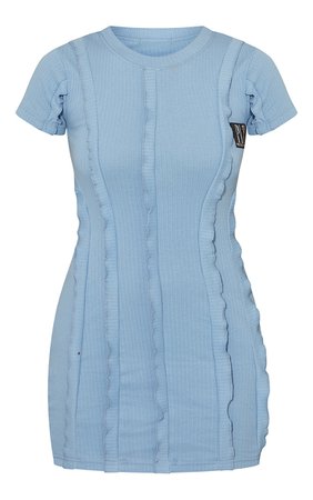 PRETTYLITTLETHING Blue Raw Binding Detail Short Sleeve Bodycon Dress | PrettyLittleThing USA