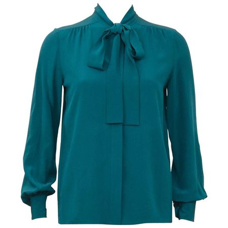 Chanel 1980's Turquoise Silk Pussy Bow Shirt