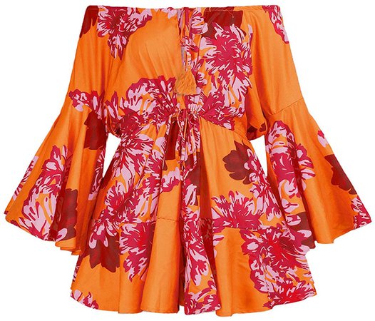 Amazon.com: Fixmatti Boho Shorts Jumpsuit for Women Floral Flounce Sleeve Off The Shoulder Boat Neck Rompers Orange M: Clothing
