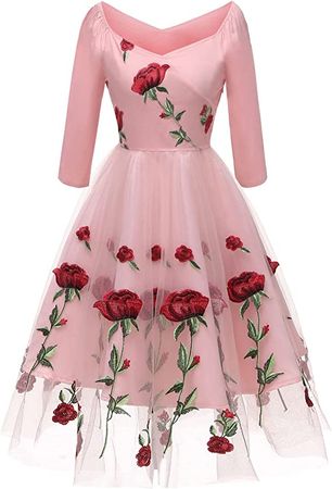 Amazon.com: TWGONE Spring Dresses for Women, Handmade Rose Embroidered Mesh Three Quarter Sleeve Dress Bridesmaid Dress : Clothing, Shoes & Jewelry