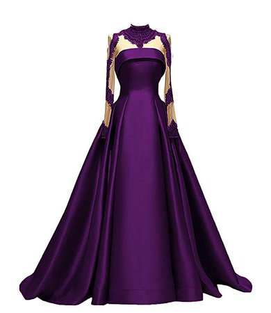M Bridal Women's Crystals Beaded High Neck Long Sleeve Prom Dresses Satin A-line Formal Evening Gowns Dark Purple US14 at Amazon Women’s Clothing store