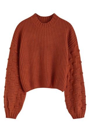 Playful Dotted Puff Sleeve Crop Sweater in Pumpkin - Retro, Indie and Unique Fashion