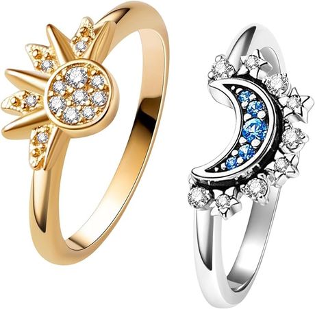 Amazon.com: Une Douce Celestial Sun and Moon Ring Set, Sparkling Sun Ring/Blue Moon Ring with 14k Gold/Silver Plating, Friendship Promise Ring, Stackable Celestial Rings for Women Girls (size 7): Clothing, Shoes & Jewelry