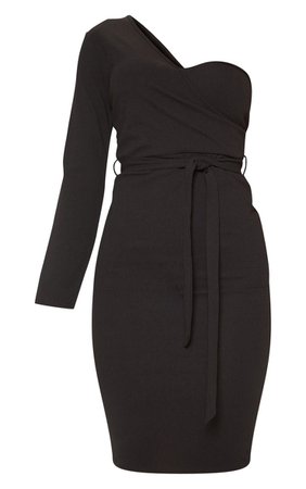 Black One Shoulder Tie Waist Midi Dress | PrettyLittleThing USA