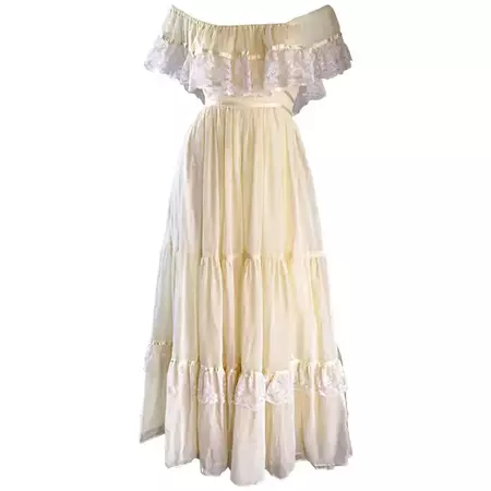1970s Vintage Yellow Cotton Voile + Lace Off - Shoulder Peasant Boho Maxi Dress