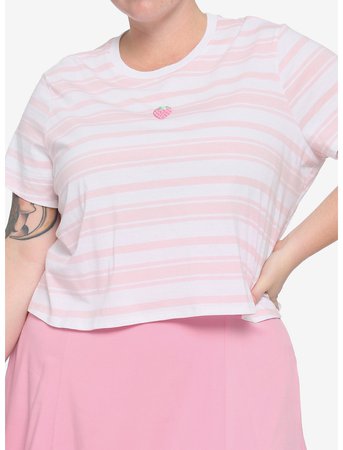 Pink & White Stripe Strawberry Girls Boxy Crop T-Shirt Plus Size