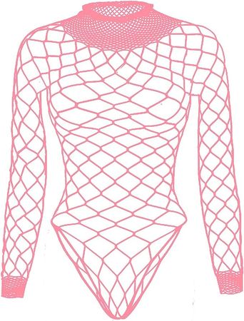 Fishnet Mesh Bodysuit for Women Cool Punk Goth Stretch Leotard Long Sleeve Rompers Tops for Girls,Pink at Amazon Women’s Clothing store