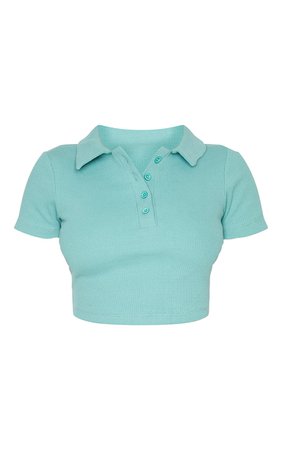 Green Rib Button Up Short Sleeve Polo Shirt | PrettyLittleThing USA