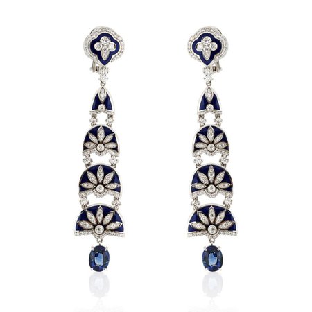 KESSARIS Blue Enamel Ornamented Chandelier Diamond and Sapphire Earrings J_KES_SKP180967 | Kessaris