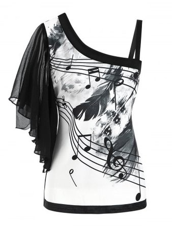 Skew Neck Feather Musical Note Print Butterfly Sleeve T-shirt