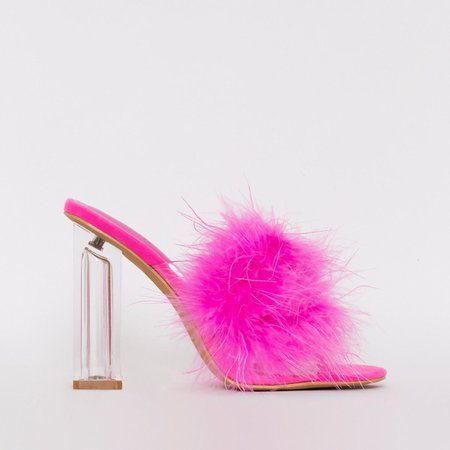 Clarisse Pink Fluffy Clear Block Heel Mules