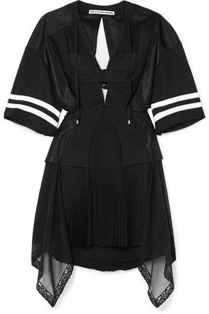 Striped Cutout Pleated Mesh And Georgette Mini Dress - Black