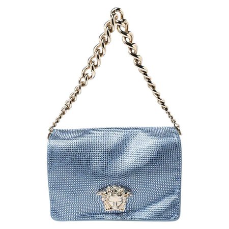 Versace Light Blue Crystal Embellished Shimmer Leather Sultan Shoulder Bag For Sale at 1stdibs