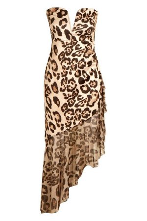 Leopard Print Bandeau Mesh Frill Midi Dress | boohoo