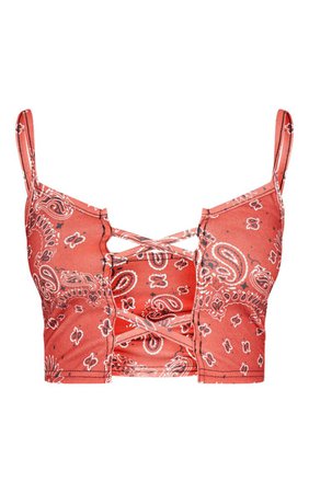 PETITE RED LACE UP DETAIL STRAPPY BANDANA PRINT CROP TOP
