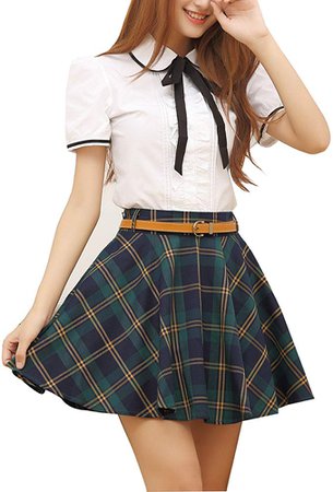 Gihuo Women's Plaid Skirt School Uniform Pleated Mini Tartan Skirt (X-Small, Green) at Amazon Women’s Clothing store