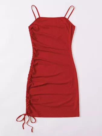 Solid Drawstring Detail Rib-knit Bodycon Dress | SHEIN USA red