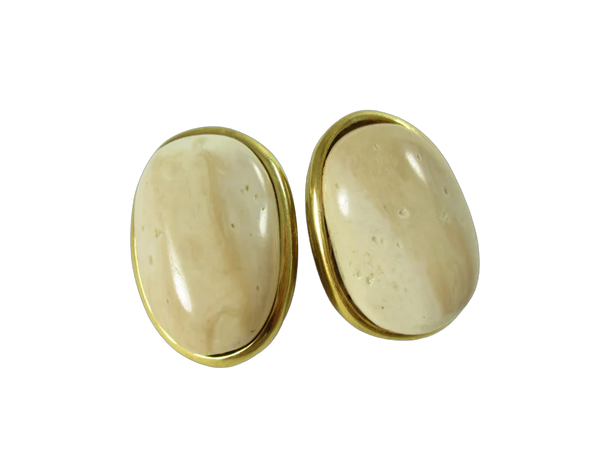 Givenchy Gold Stone Earrings, Designer Clip On, Vintage Chunky Wide Oval Jewelry 1980s