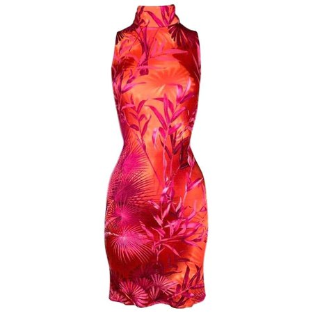 2000 Gianni Versace Pink & Orange Tropical Palm Print Silk Mini Dress