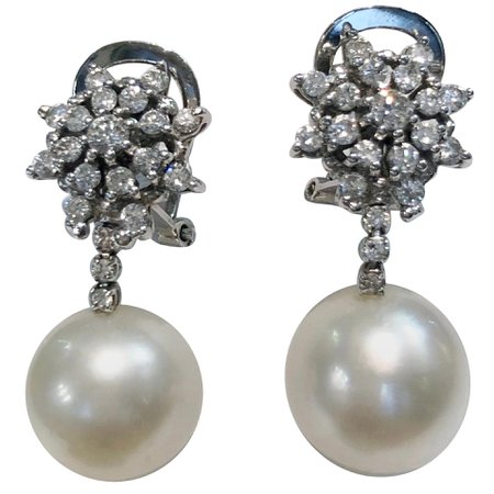 Handmade Pearl and Diamond Earrings, 18 Karat White Gold Set, Diamond Set For Sale at 1stDibs