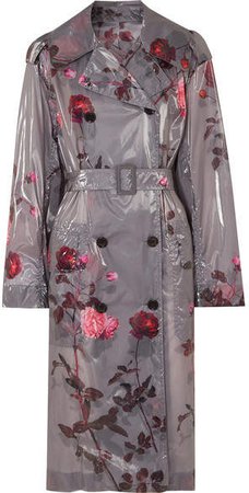 Floral-print Pu Trench Coat - Light gray