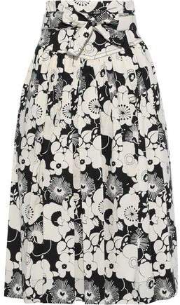 Belted Pleated Floral-print Cotton-blend Midi Skirt