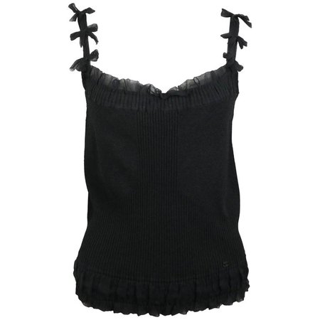 Chanel Black Ribbed Knit Silk Ribbon Bow Spaghetti Straps Tank Top For Sale at 1stdibs
