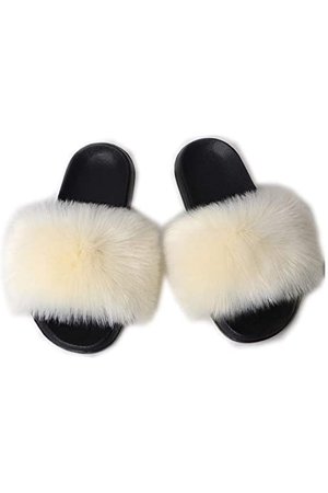 Amazon.com | AuapTavw Women's Faux Fur Slides Slippers Fluffy Fuzzy Sandals Open Toe Furry Slide Flip Flop Indoor Outdoor, White, 10 | Slippers