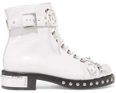Hobnail Studded Leather Ankle Boots - White