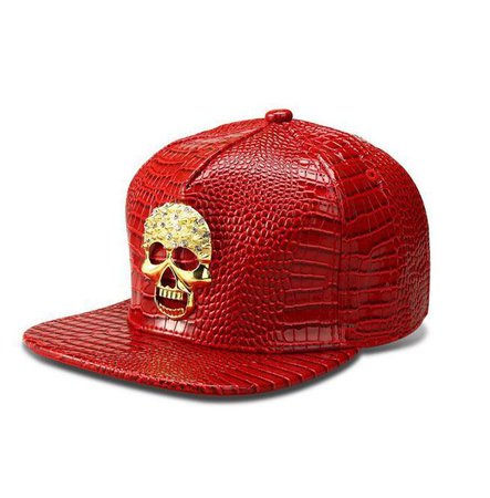 Rhinestone Metal Skull Pu Leather Snapback Cap Red | RebelsMarket