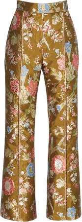 Metallic Floral Jacquard Straight-Leg Pants