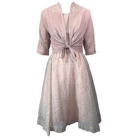 Beautiful 1950s Caryle Light Pink + Silver Fit n' Flare Silk Dress and Bolero For Sale at 1stdibs