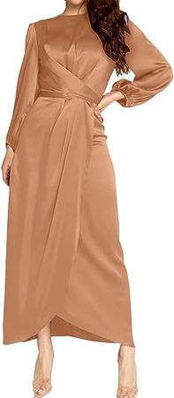 PINUPART Women's Elegant Empire Waist Long Sleeve Satin Maxi Dress at Amazon Women’s Clothing store