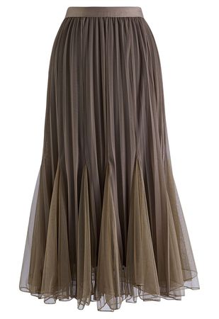 Panelled Pleated Mesh Tulle Midi Skirt in Brown - Retro, Indie and Unique Fashion