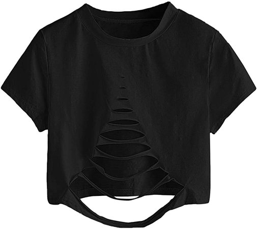 SweatyRocks Women's Short Sleeve Cutout Tee Shirt Distressed Crop Top Solid White Medium at Amazon Women’s Clothing store