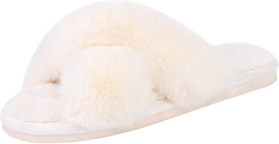 Amazon.com | Women's Cross Band Slippers Soft Plush Furry Cozy Open Toe House Shoes Indoor Outdoor Faux Rabbit Fur Warm Comfy Slip On Breathable | Slippers