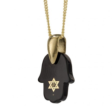 Shema Israel: 14K Yellow Gold and Black Onyx Nano-Inscribed Hamsa Necklace, Jewish Jewelry | Judaica Web Store