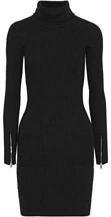 Suede-paneled Ribbed Stretch-wool Turtleneck Mini Dress