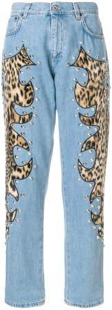 studded leopard print inset jeans